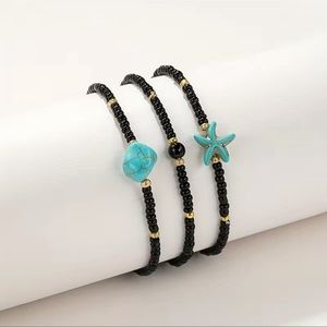 3 Pcs Starfish Beaded Anklet| Elastic Beach Style Ankle Bracelet Set